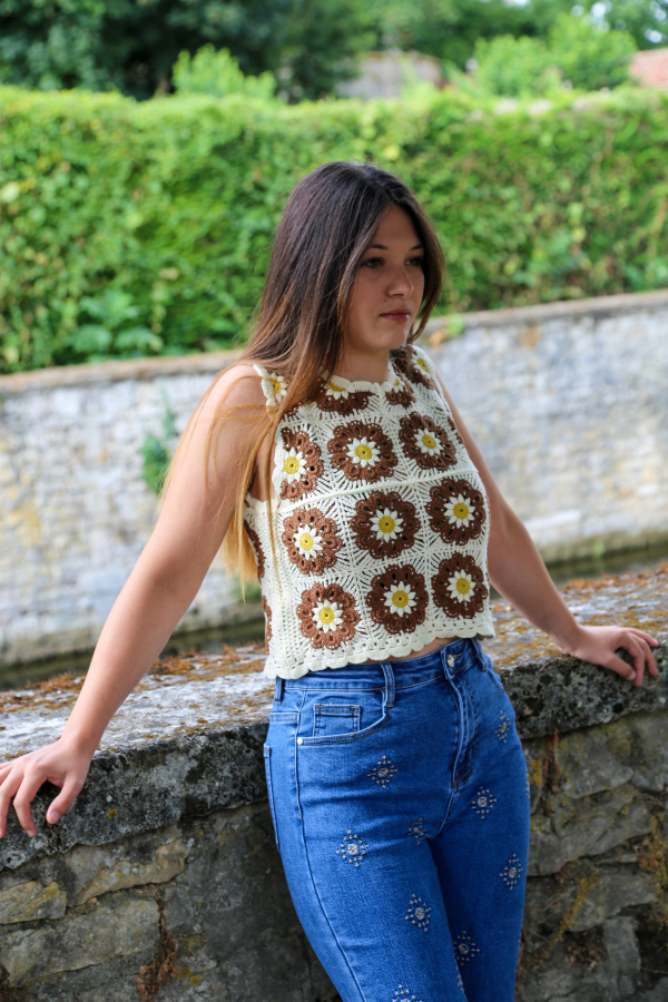 Pull Haut Top Marron En Crochet Pour Femme - Marque Mim, Taille T2/38, Occasion Très Bon état